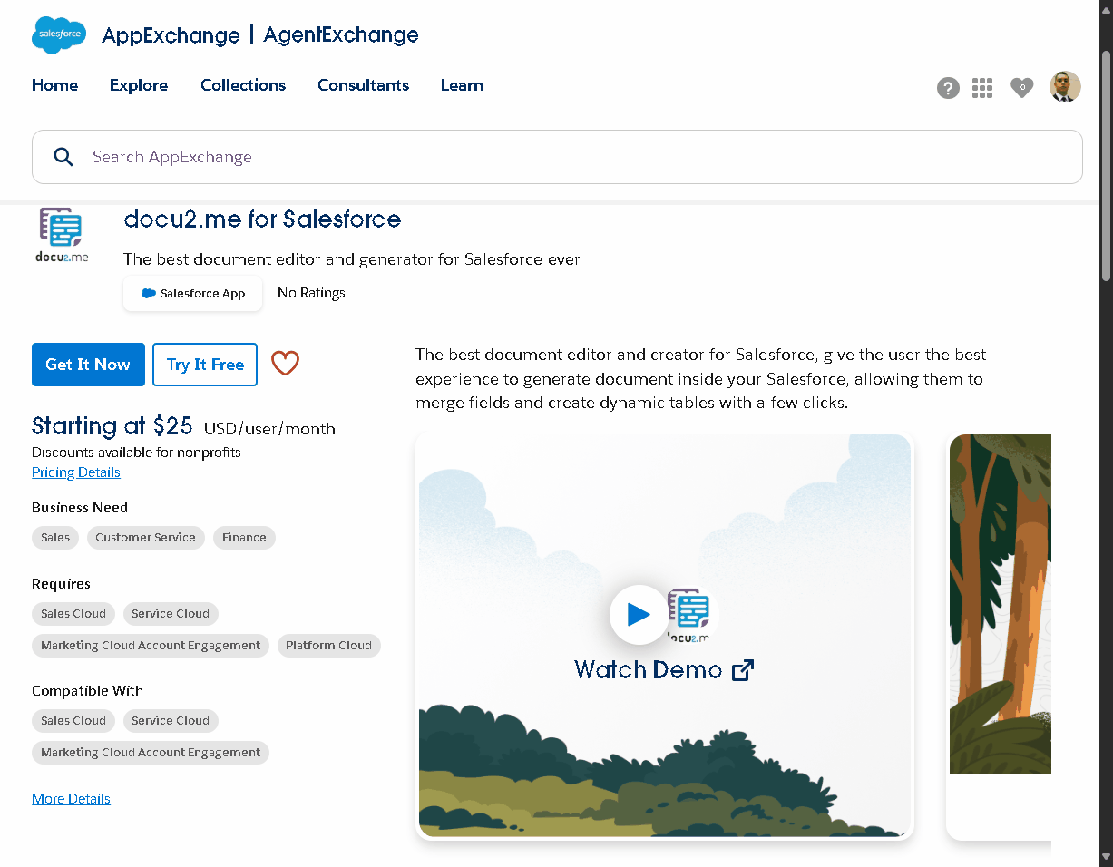 Animation showing the Try It Free process for docu2.me on AppExchange