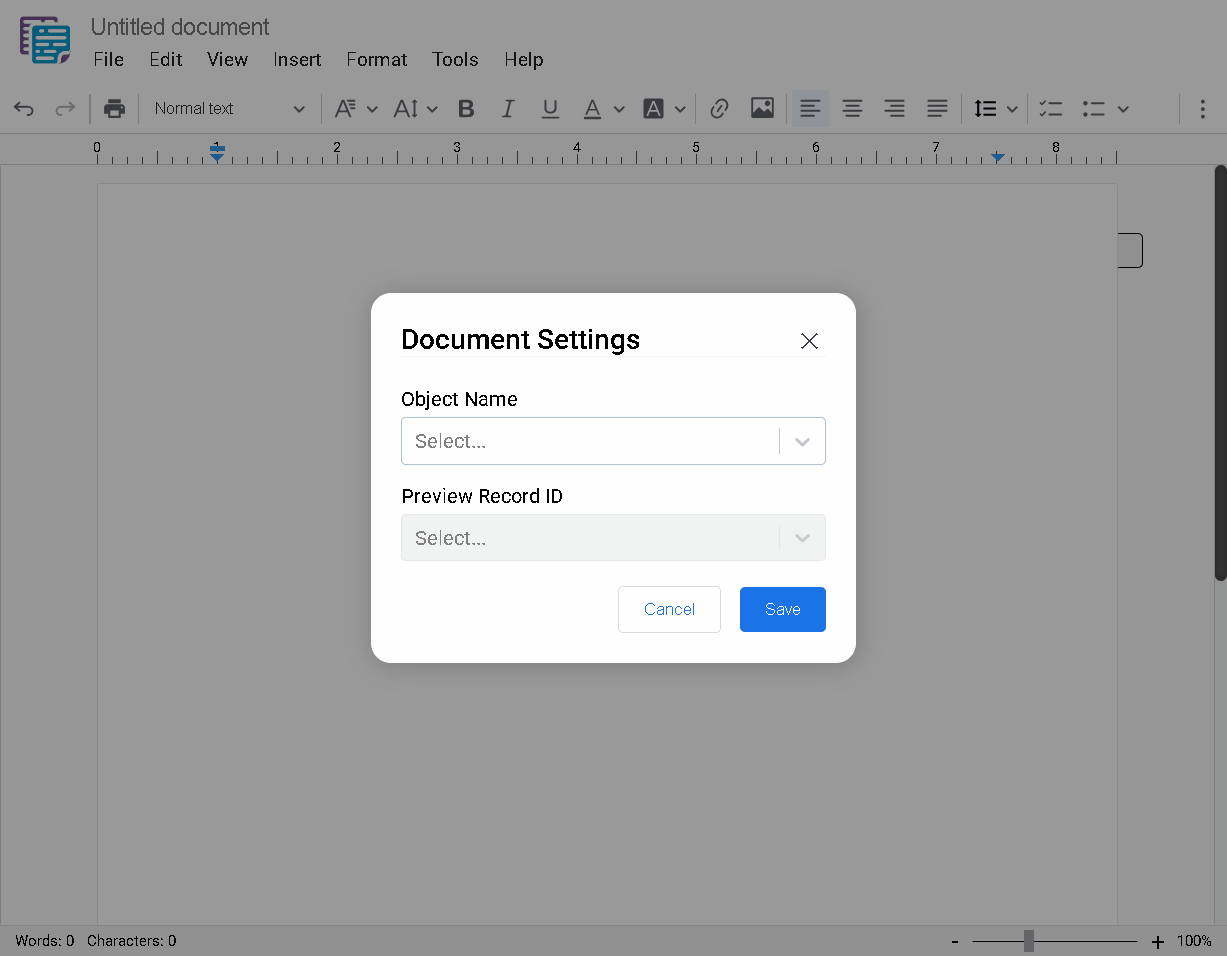 Document Settings configuration popup window